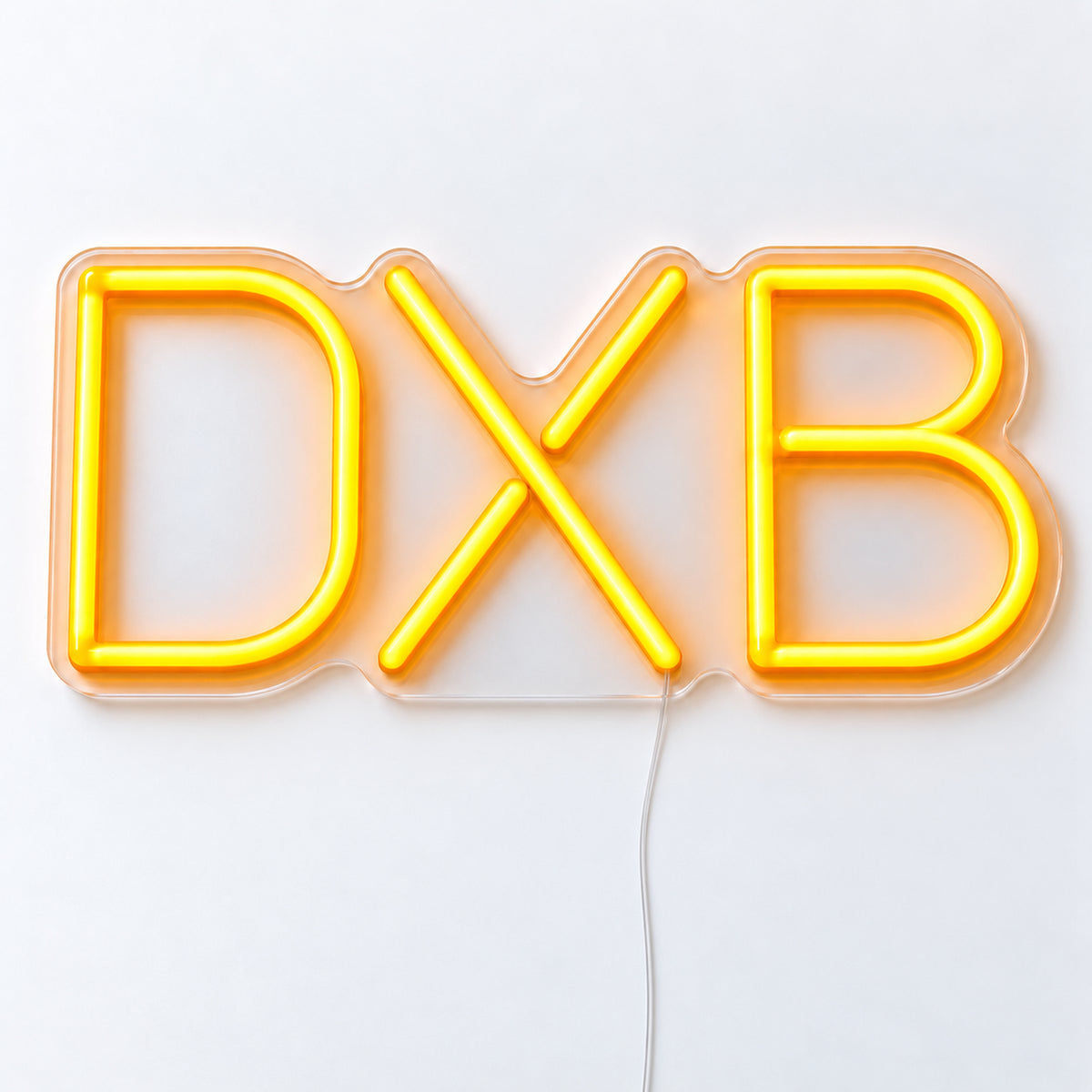 DXB Airport Code Neon Sign, featuring the DXB airport code in bold LED neon lettering, on a single clear acrylic backing displayed on a white surface.