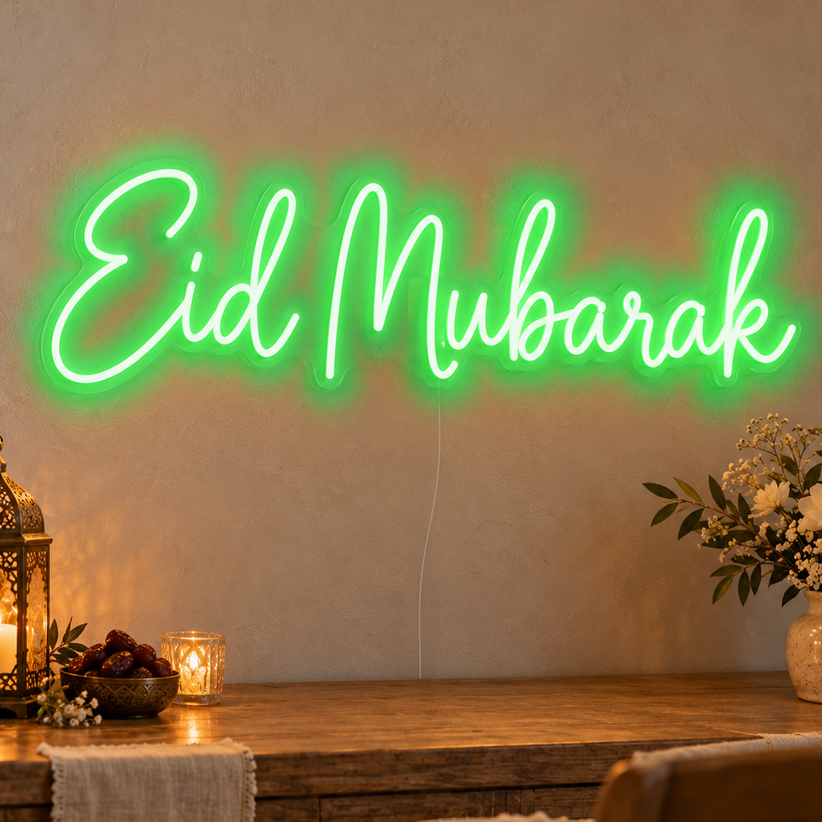 Eid Mubarak Neon Sign in green LED neon on clear acrylic, angled view