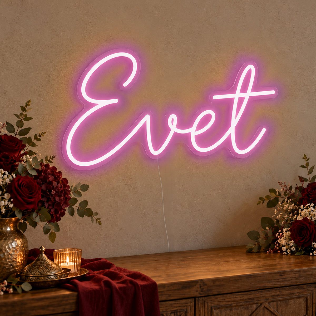 Evet Neon Sign in pink LED neon on clear acrylic, angled view