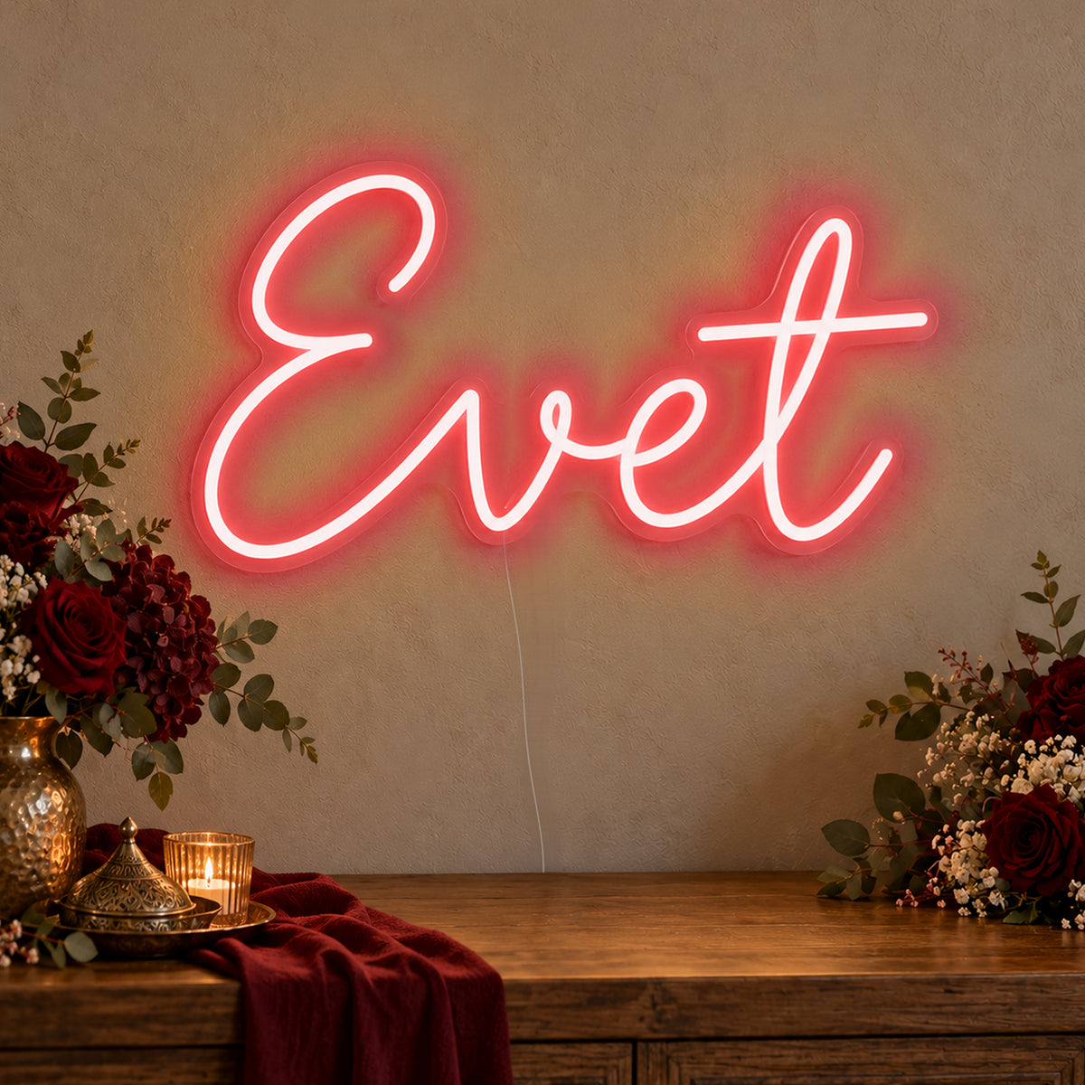 Evet Neon Sign in red LED neon on clear acrylic, angled view