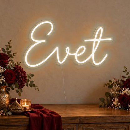 Evet Neon Sign in warm white LED neon on clear acrylic, angled view