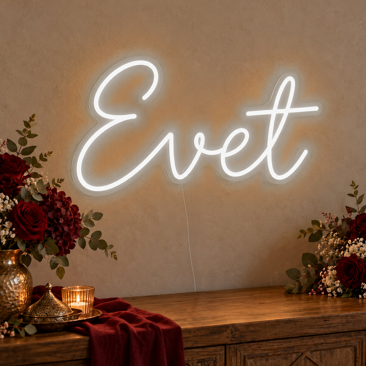 Evet Neon Sign in white LED neon on clear acrylic, angled view