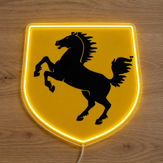 Ferrari shield LED neon sign with black prancing horse on yellow, glowing on a timber wall