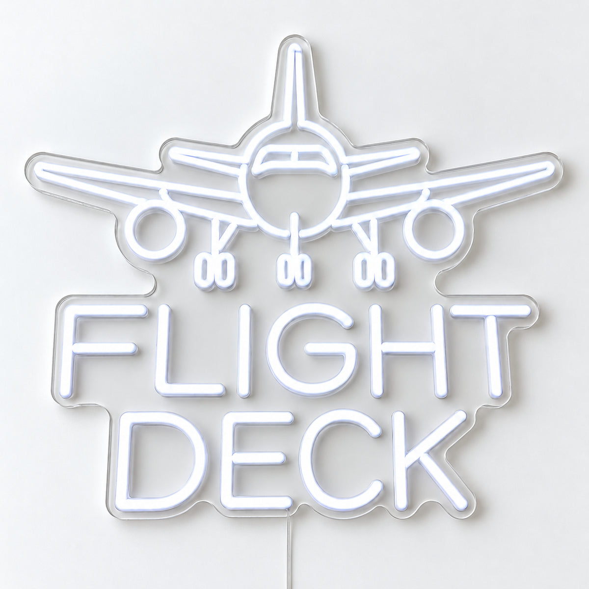Flight Deck Neon Sign, featuring Flight Deck lettering beneath a front-view aircraft, on a single clear acrylic backing displayed on a white surface.