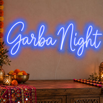 Garba Night Neon Sign in blue LED neon on clear acrylic, angled view