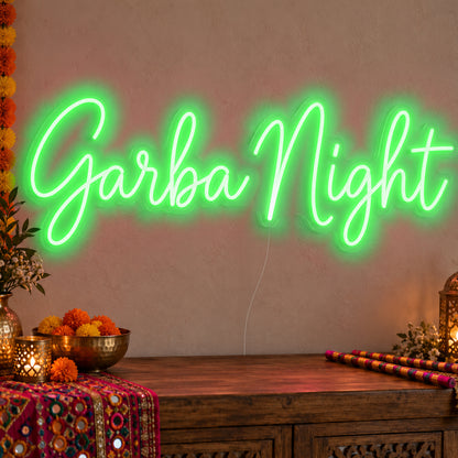 Garba Night Neon Sign in green LED neon on clear acrylic, angled view