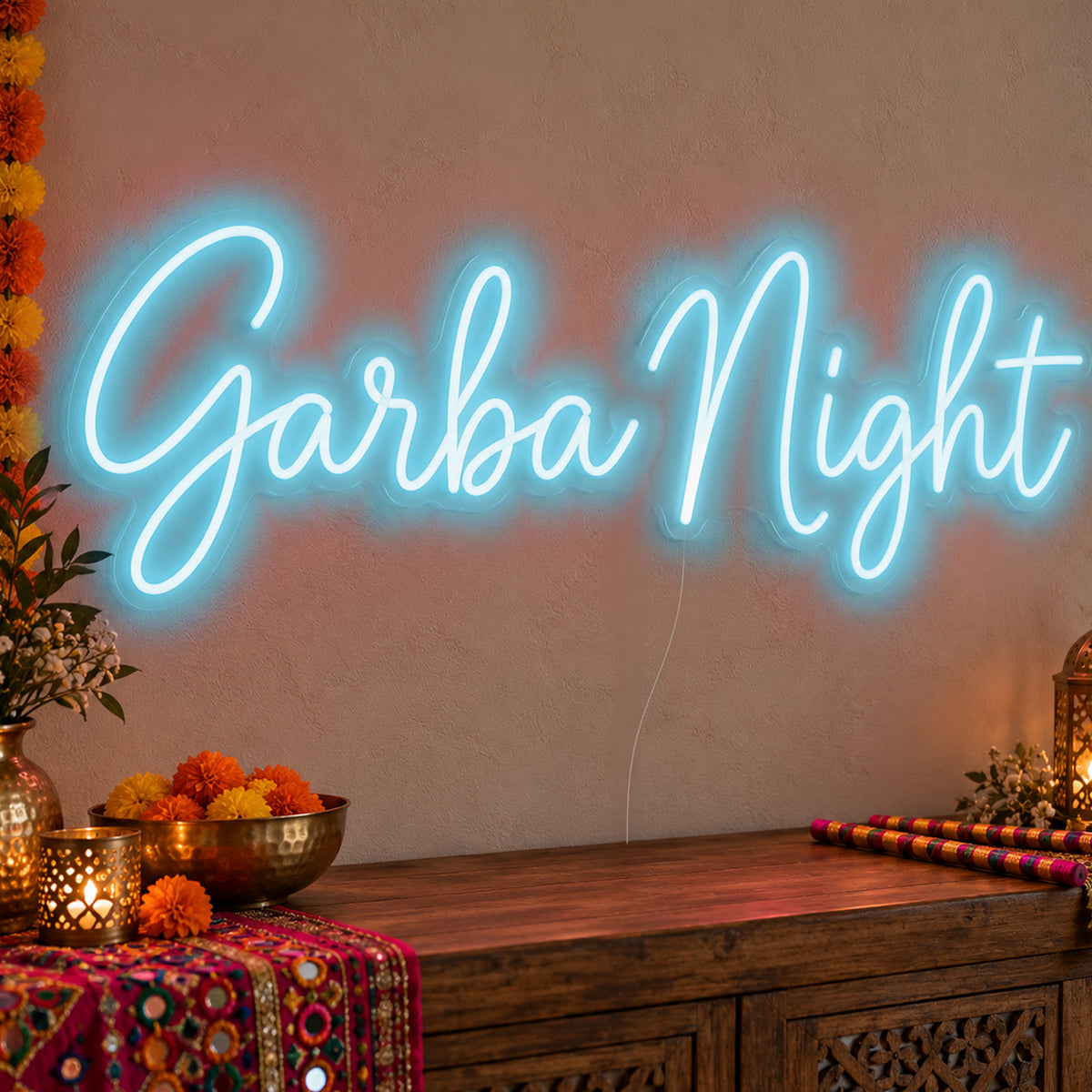 Garba Night Neon Sign in ice blue LED neon on clear acrylic, angled view
