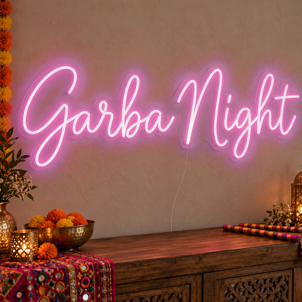 Garba Night Neon Sign in pink LED neon on clear acrylic, angled view