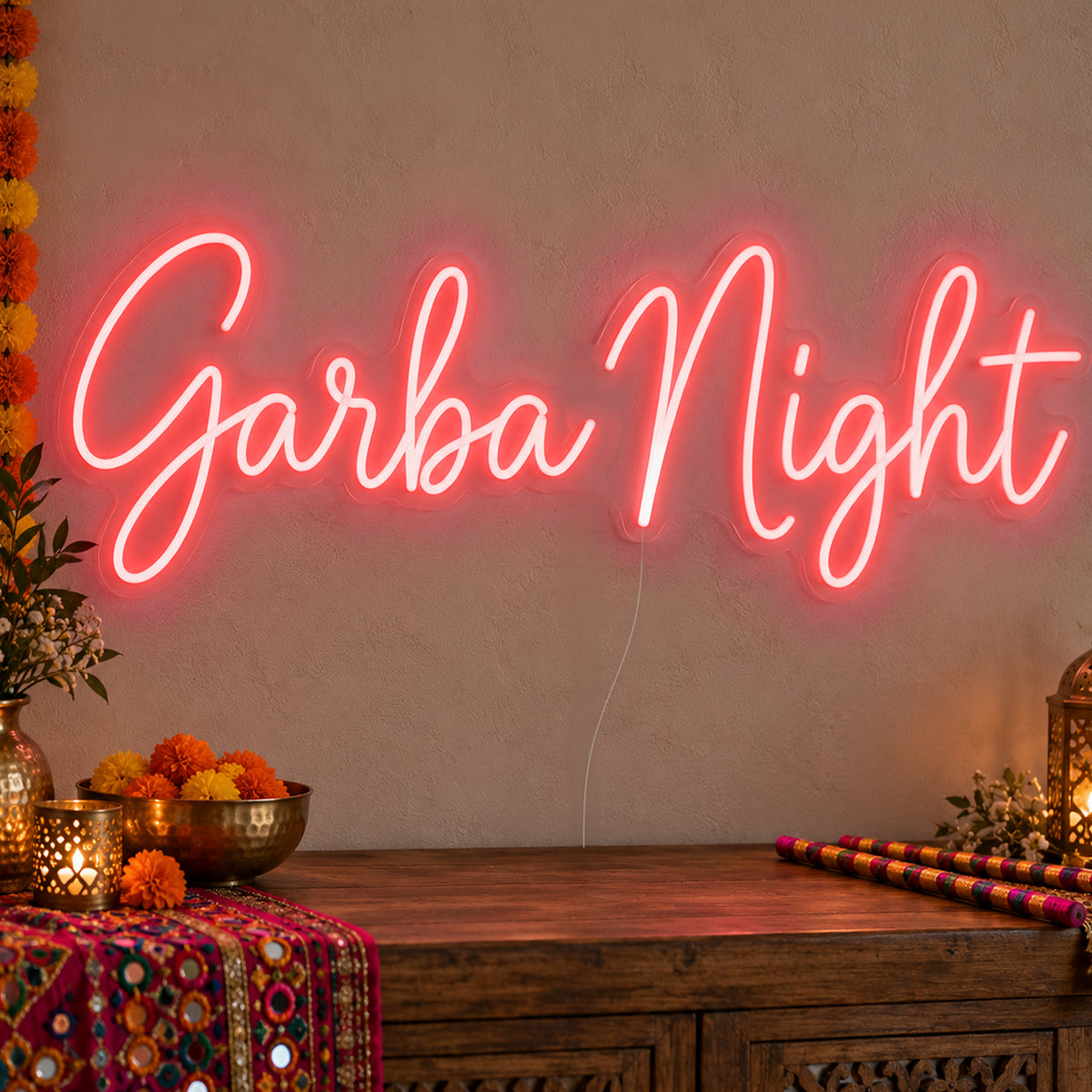 Garba Night Neon Sign in red LED neon on clear acrylic, angled view