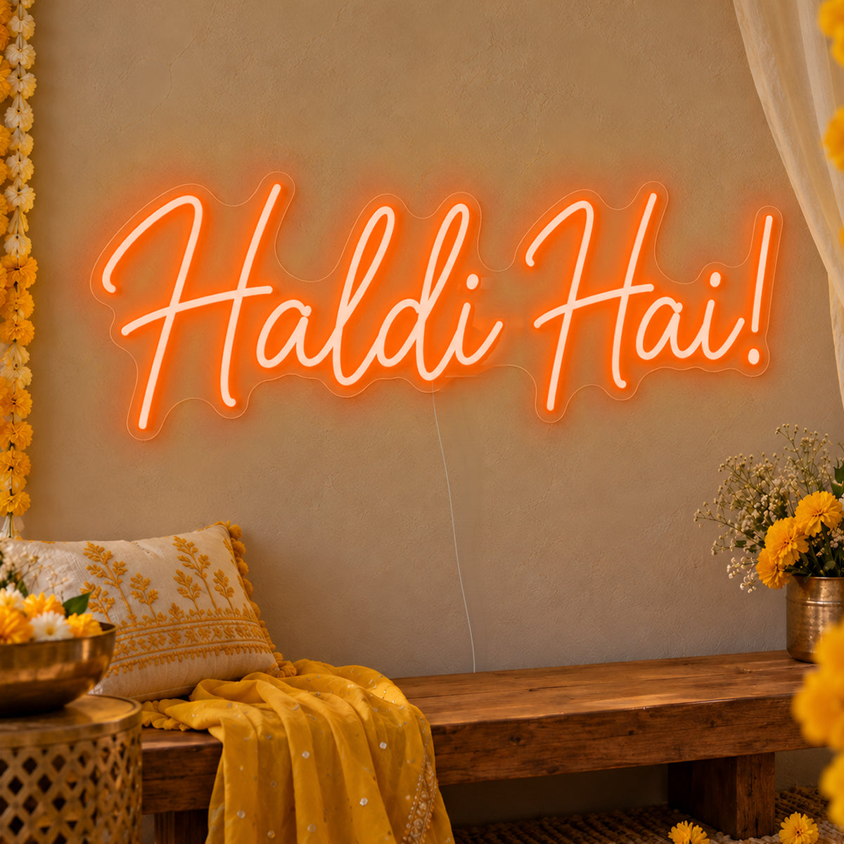 Haldi Hai Neon Sign in orange LED neon on clear acrylic, angled view