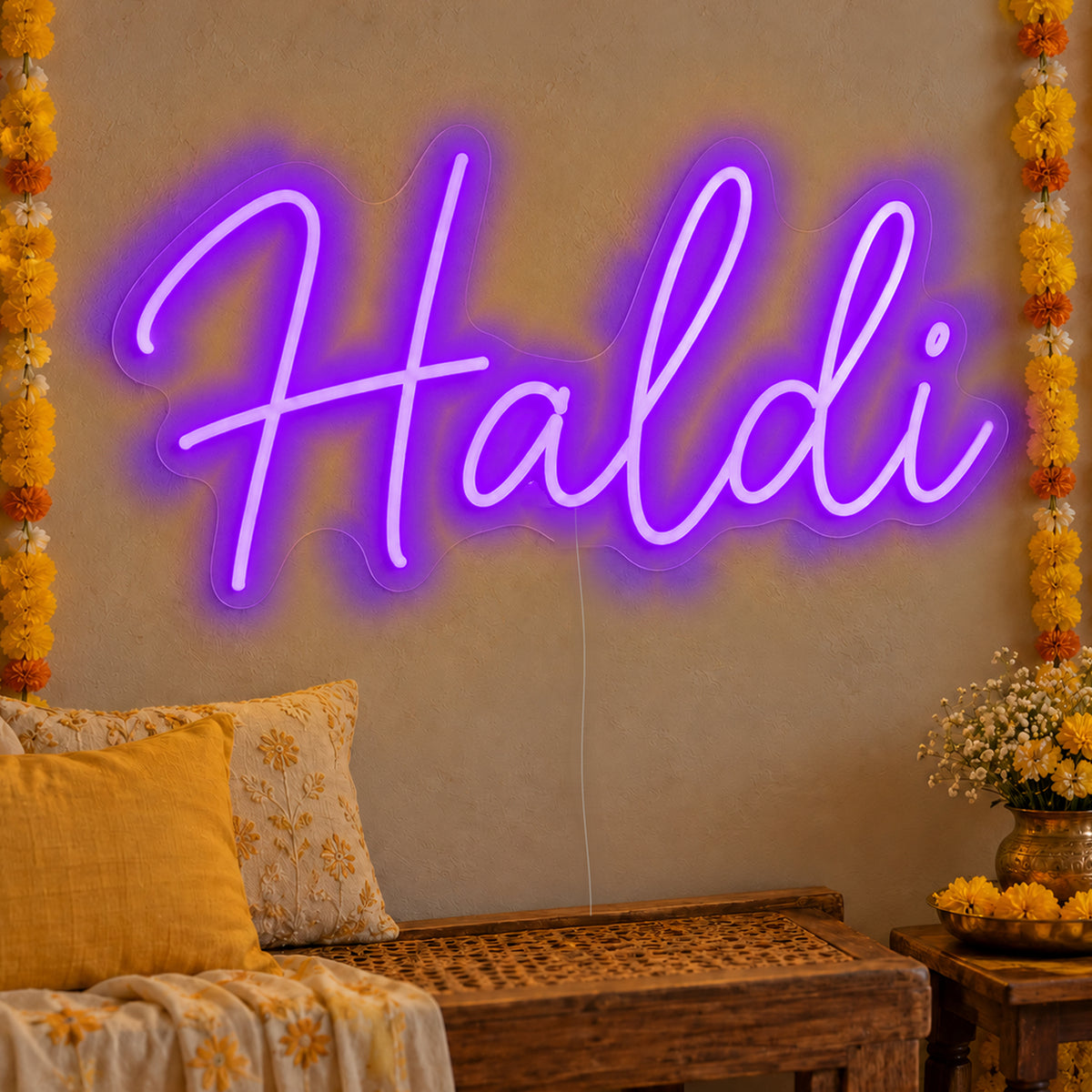 Haldi Neon Sign in purple LED neon on clear acrylic, angled view