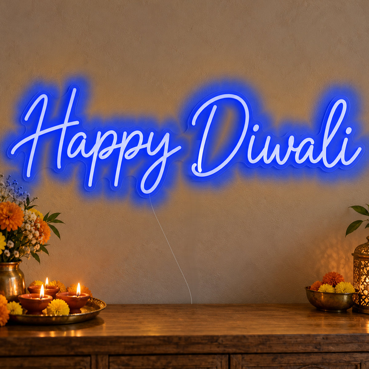 Happy Diwali Neon Sign in blue LED neon on clear acrylic, angled view