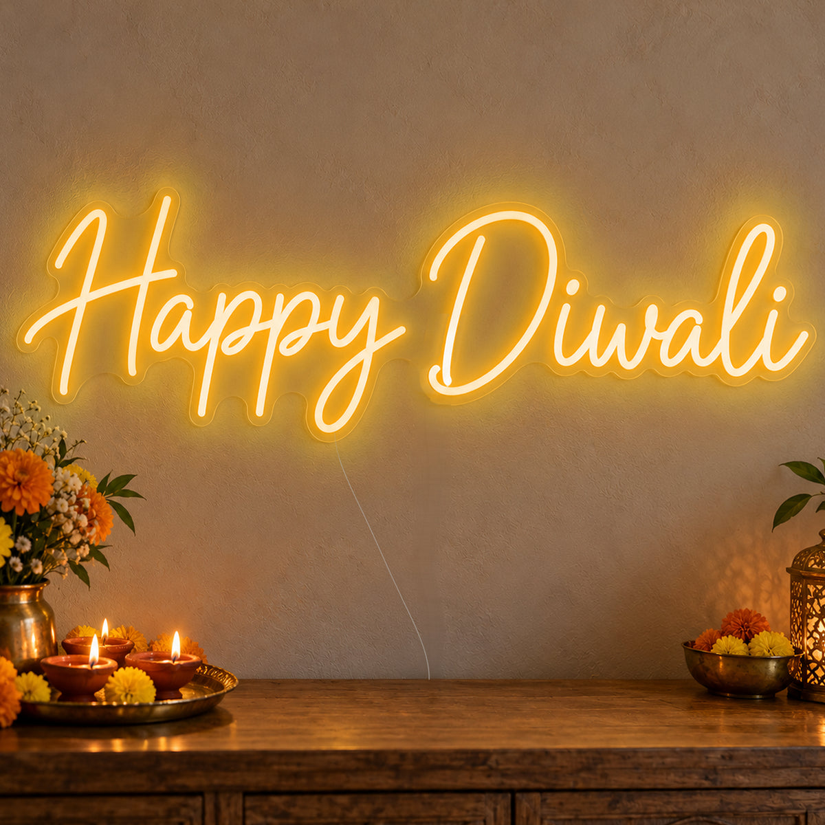 Happy Diwali Neon Sign in gold LED neon on clear acrylic, angled view
