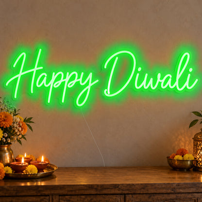 Happy Diwali Neon Sign in green LED neon on clear acrylic, angled view