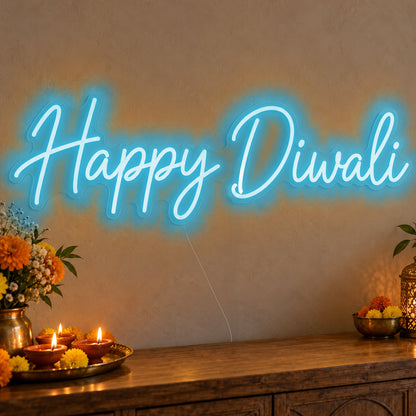 Happy Diwali Neon Sign in ice blue LED neon on clear acrylic, angled view