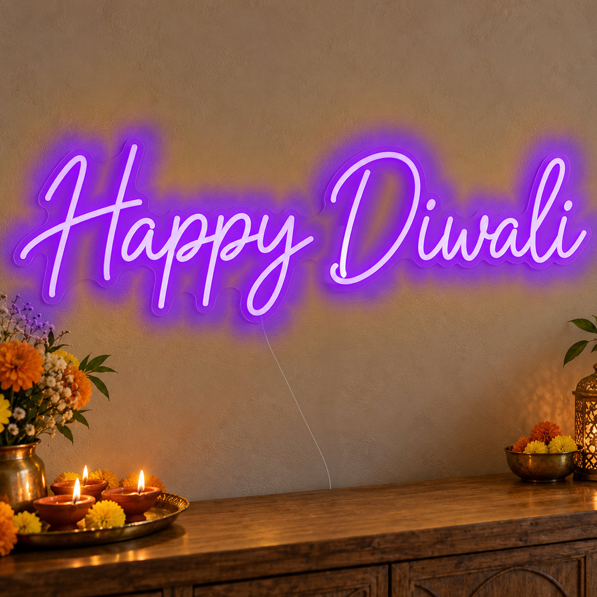 Happy Diwali Neon Sign in purple LED neon on clear acrylic, angled view