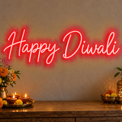 Happy Diwali Neon Sign in red LED neon on clear acrylic, angled view