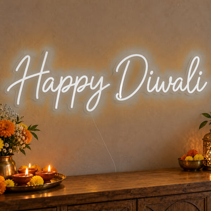 Happy Diwali Neon Sign in white LED neon on clear acrylic, angled view