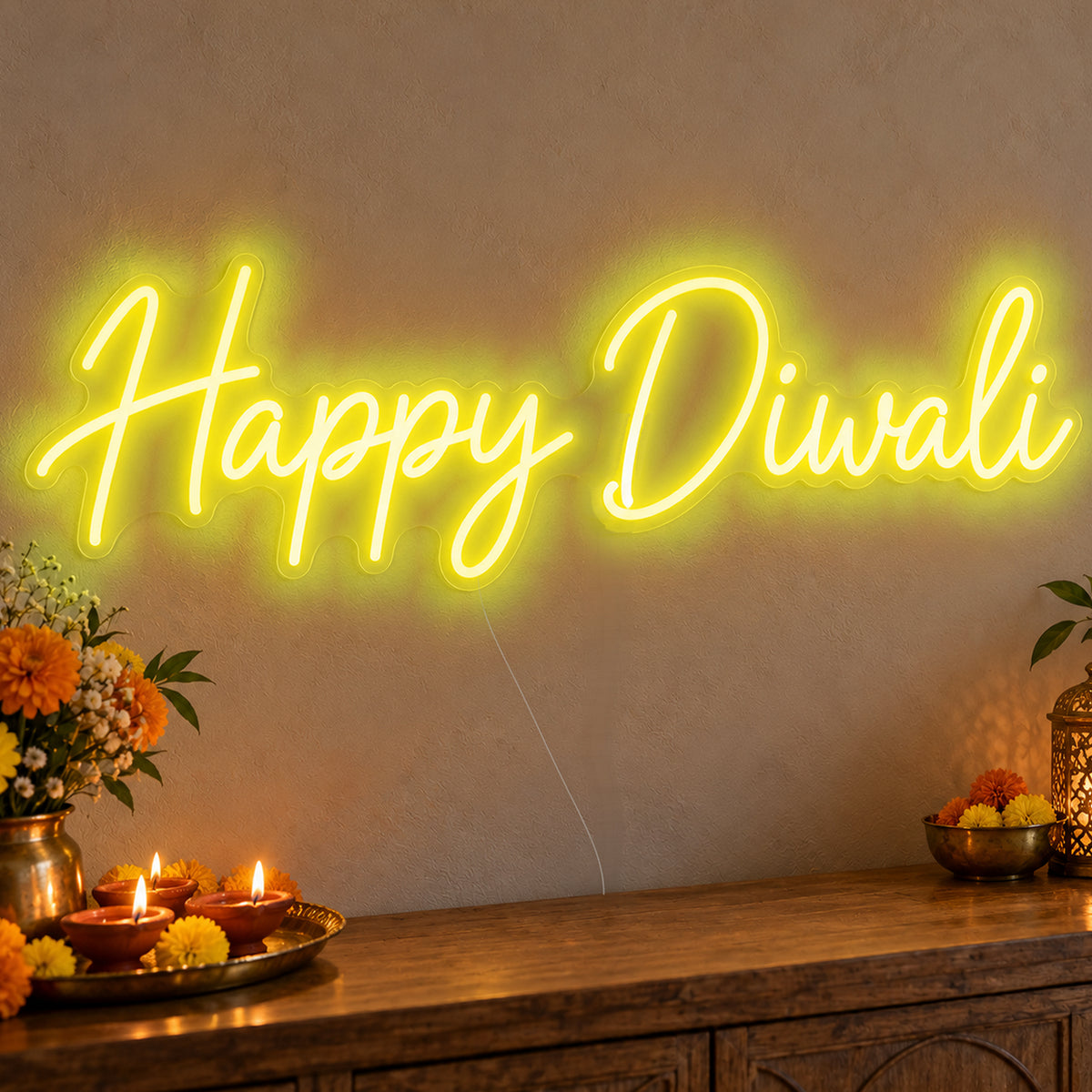 Happy Diwali Neon Sign in yellow LED neon on clear acrylic, angled view