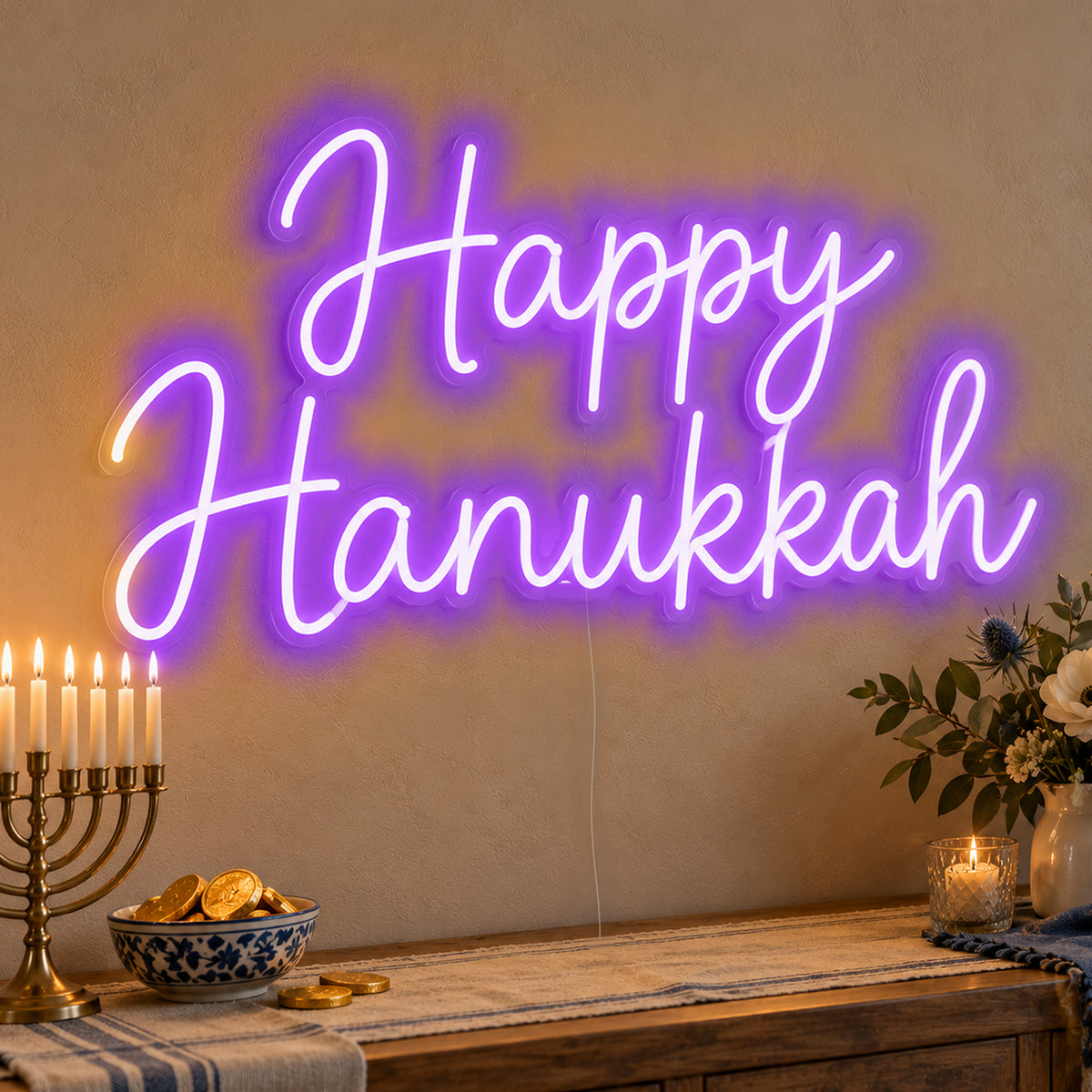 Happy Hanukkah Neon Sign in purple LED neon on clear acrylic, angled view