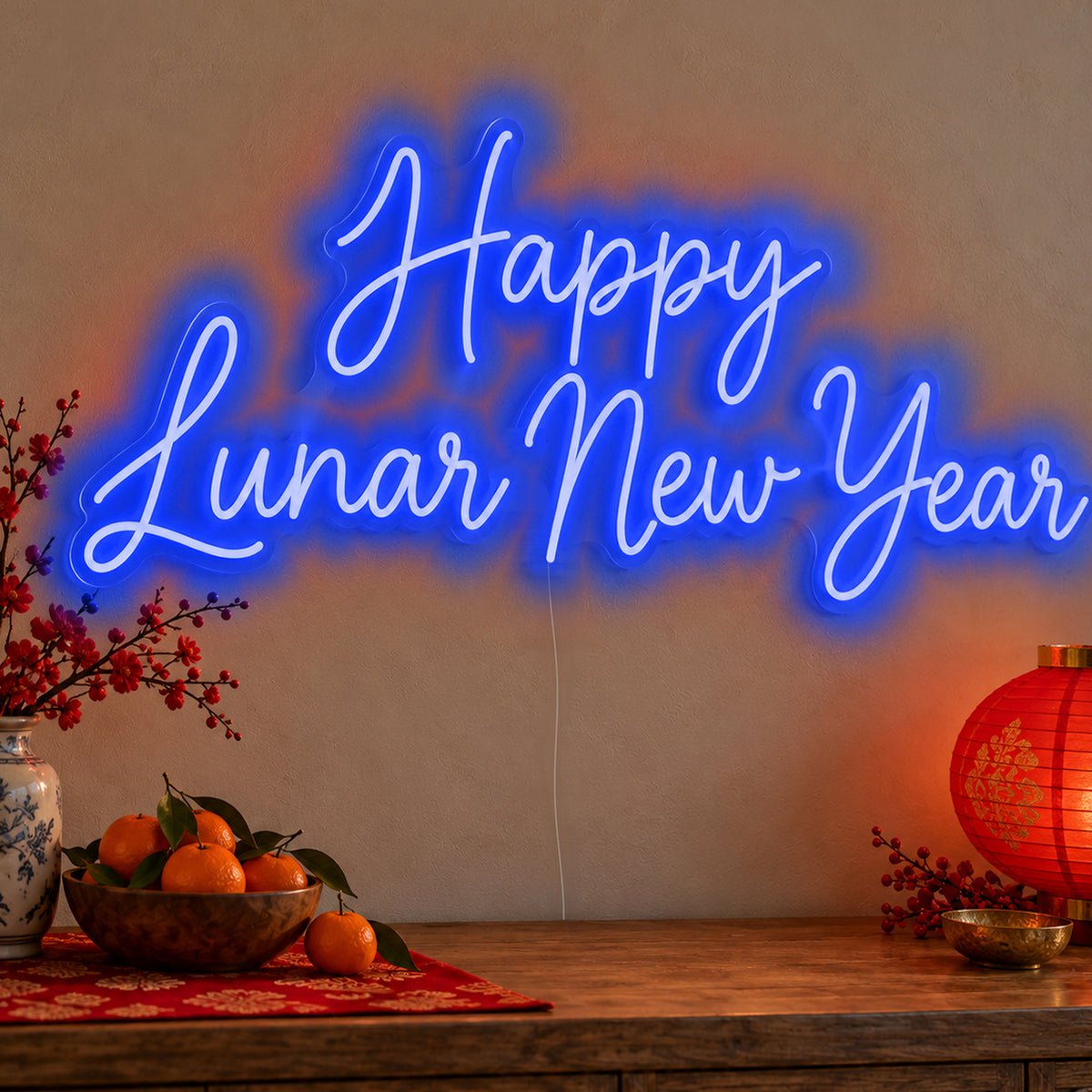 Happy Lunar New Year Neon Sign in blue LED neon on clear acrylic, angled view