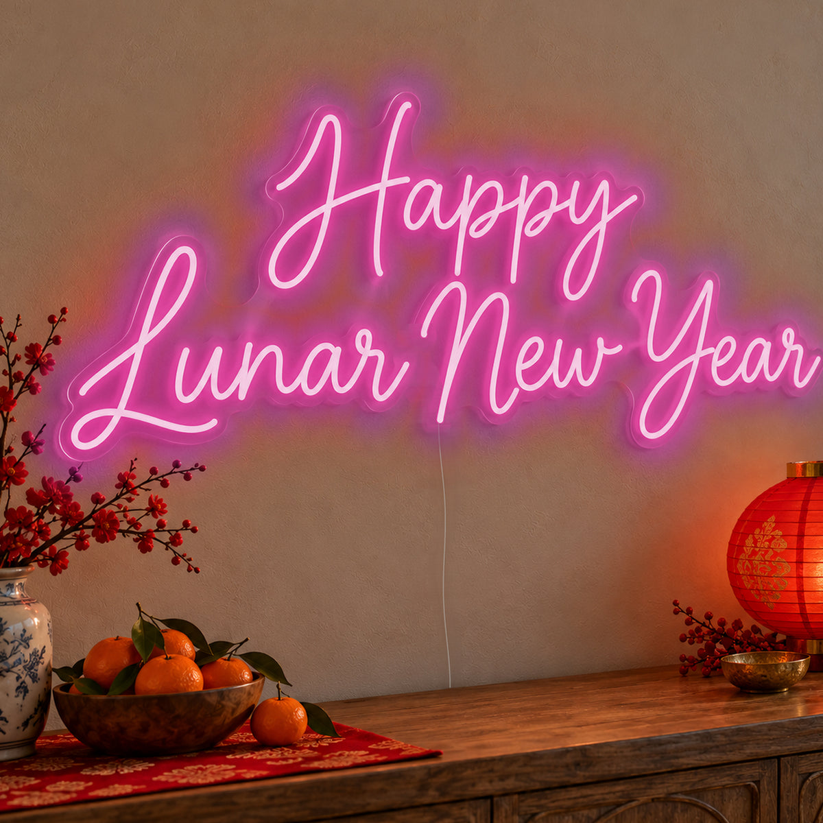 Happy Lunar New Year Neon Sign in pink LED neon on clear acrylic, angled view