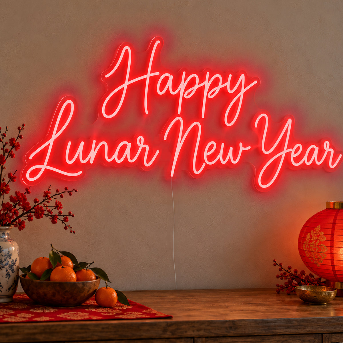 Happy Lunar New Year Neon Sign in red LED neon on clear acrylic, angled view