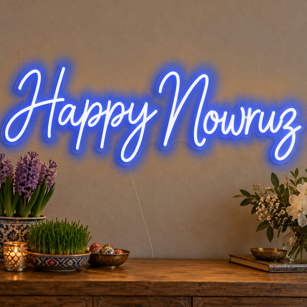 Happy Nowruz Neon Sign in blue LED neon on clear acrylic, angled view