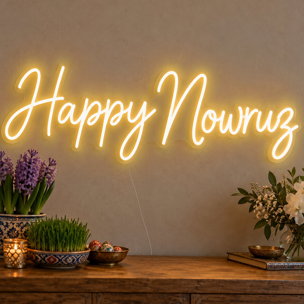 Happy Nowruz Neon Sign in gold LED neon on clear acrylic, angled view