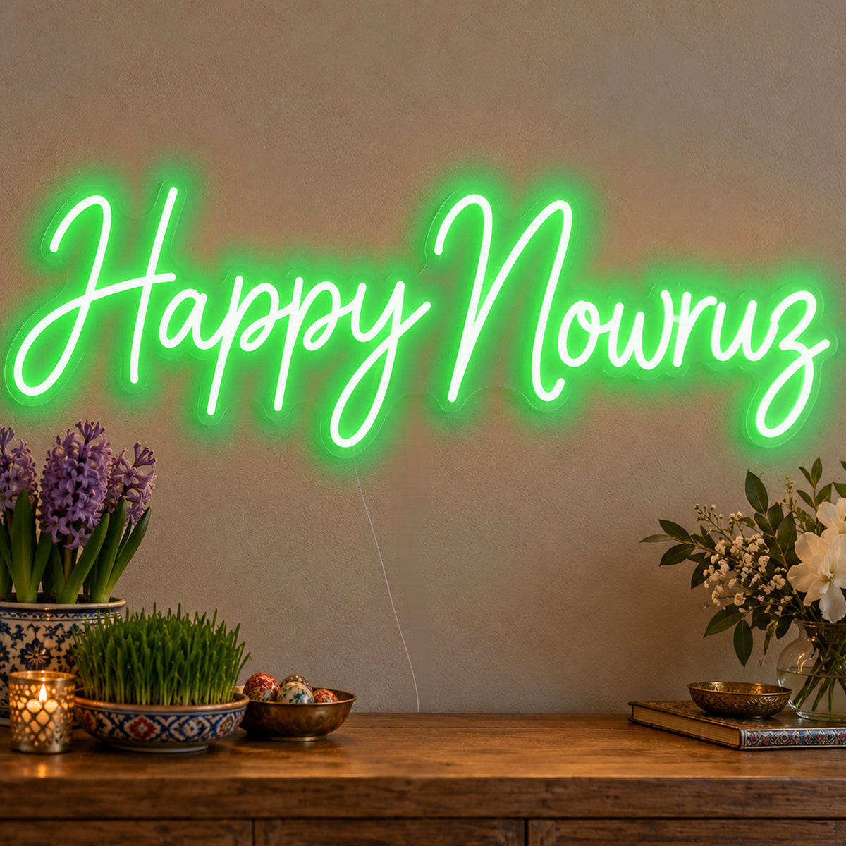 Happy Nowruz Neon Sign in green LED neon on clear acrylic, angled view