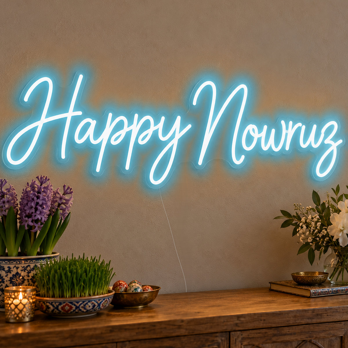 Happy Nowruz Neon Sign in ice blue LED neon on clear acrylic, angled view