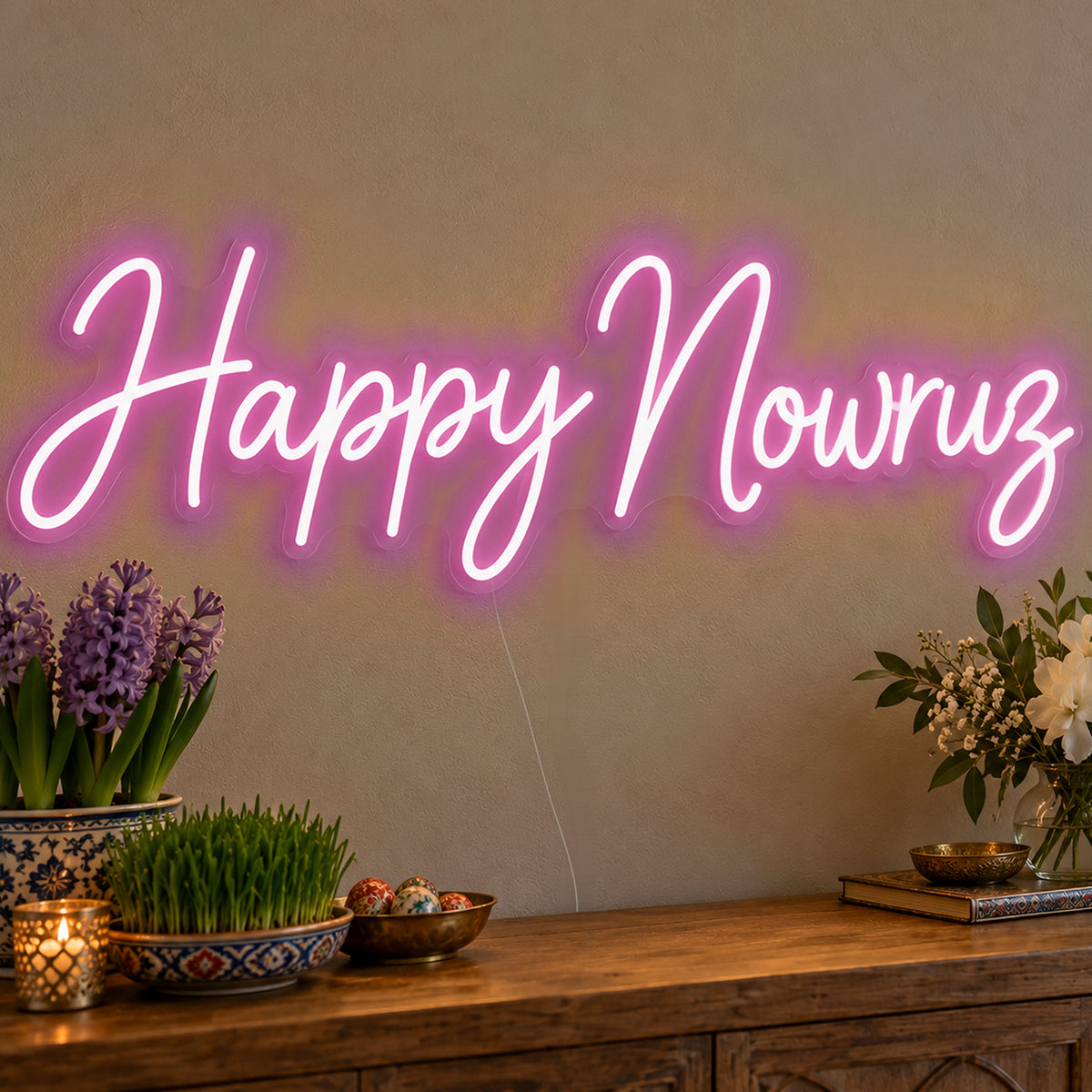 Happy Nowruz Neon Sign in pink LED neon on clear acrylic, angled view