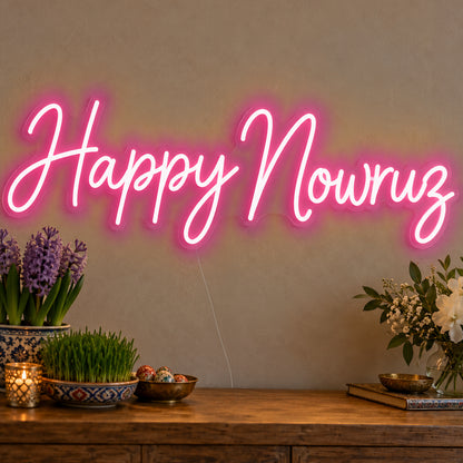 Happy Nowruz Neon Sign in rose red LED neon on clear acrylic, angled view