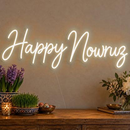 Happy Nowruz Neon Sign in warm white LED neon on clear acrylic, angled view