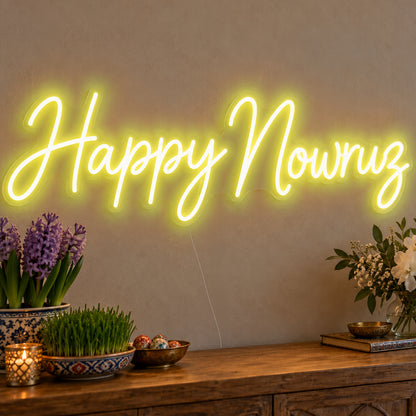 Happy Nowruz Neon Sign in yellow LED neon on clear acrylic, angled view