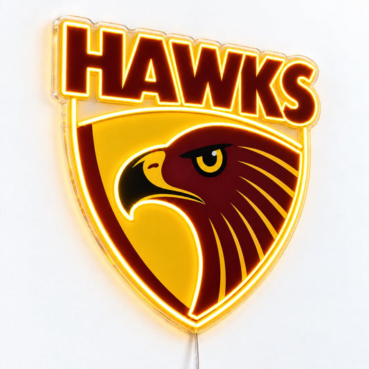 Hawthorn Hawks LED Neon Sign glowing on a white surface