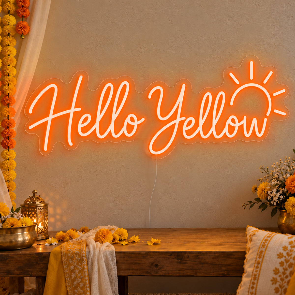 Hello Yellow Neon Sign in orange LED neon on clear acrylic, angled view