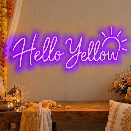 Hello Yellow Neon Sign in purple LED neon on clear acrylic, angled view