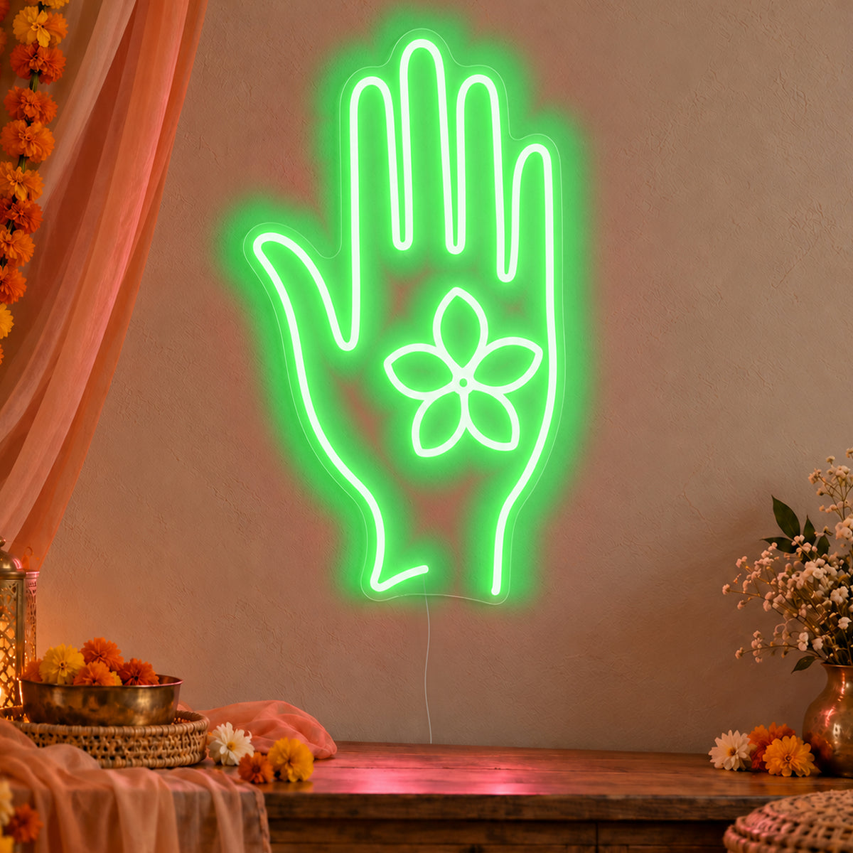 Henna Hand Neon Sign in green LED neon on clear acrylic, angled view