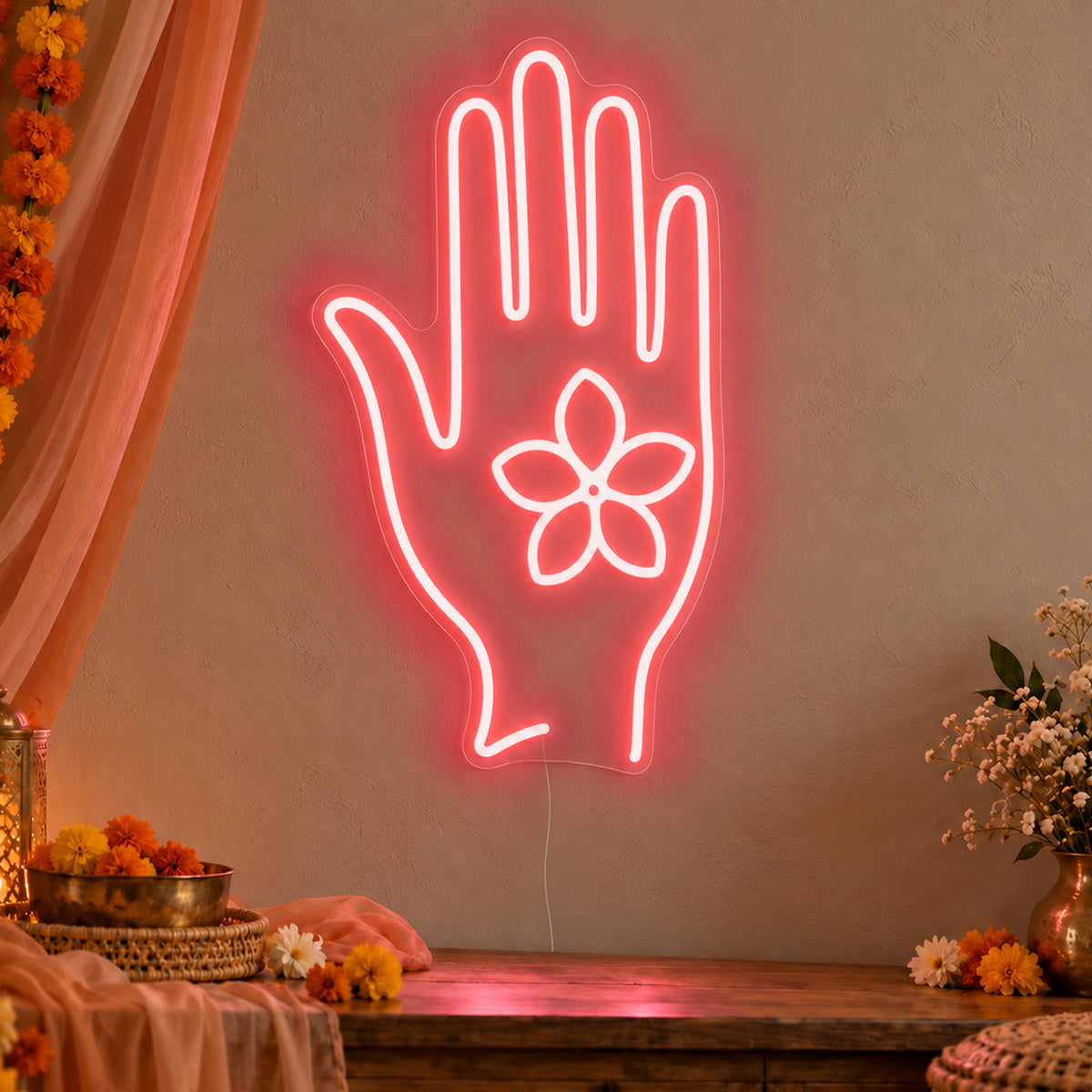 Henna Hand Neon Sign in red LED neon on clear acrylic, angled view