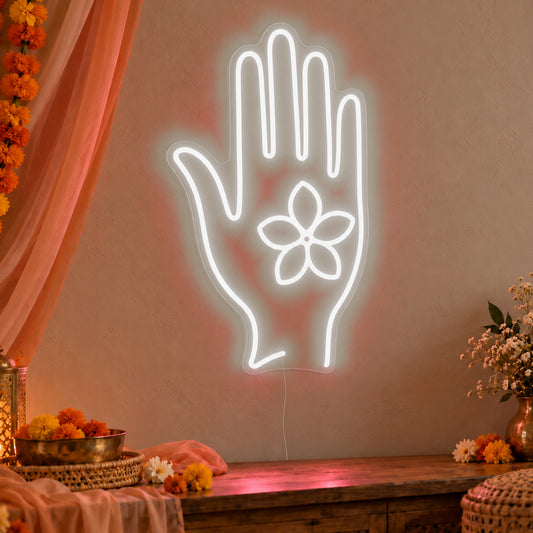 Henna Hand Neon Sign in white LED neon on clear acrylic, angled view
