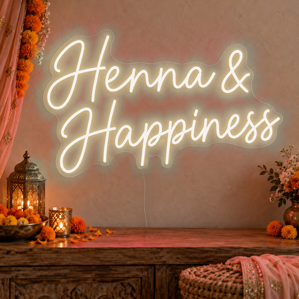 Henna Happiness Neon Sign in warm white LED neon on clear acrylic, angled view