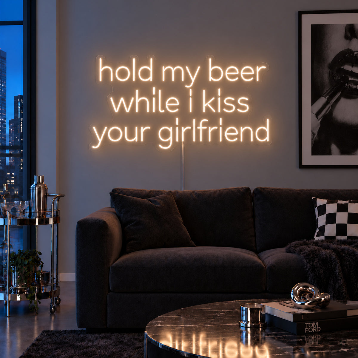 Warm White version of the Hold My Beer While I Kiss Your Girlfriend Neon Sign, shown above a burgundy sofa.