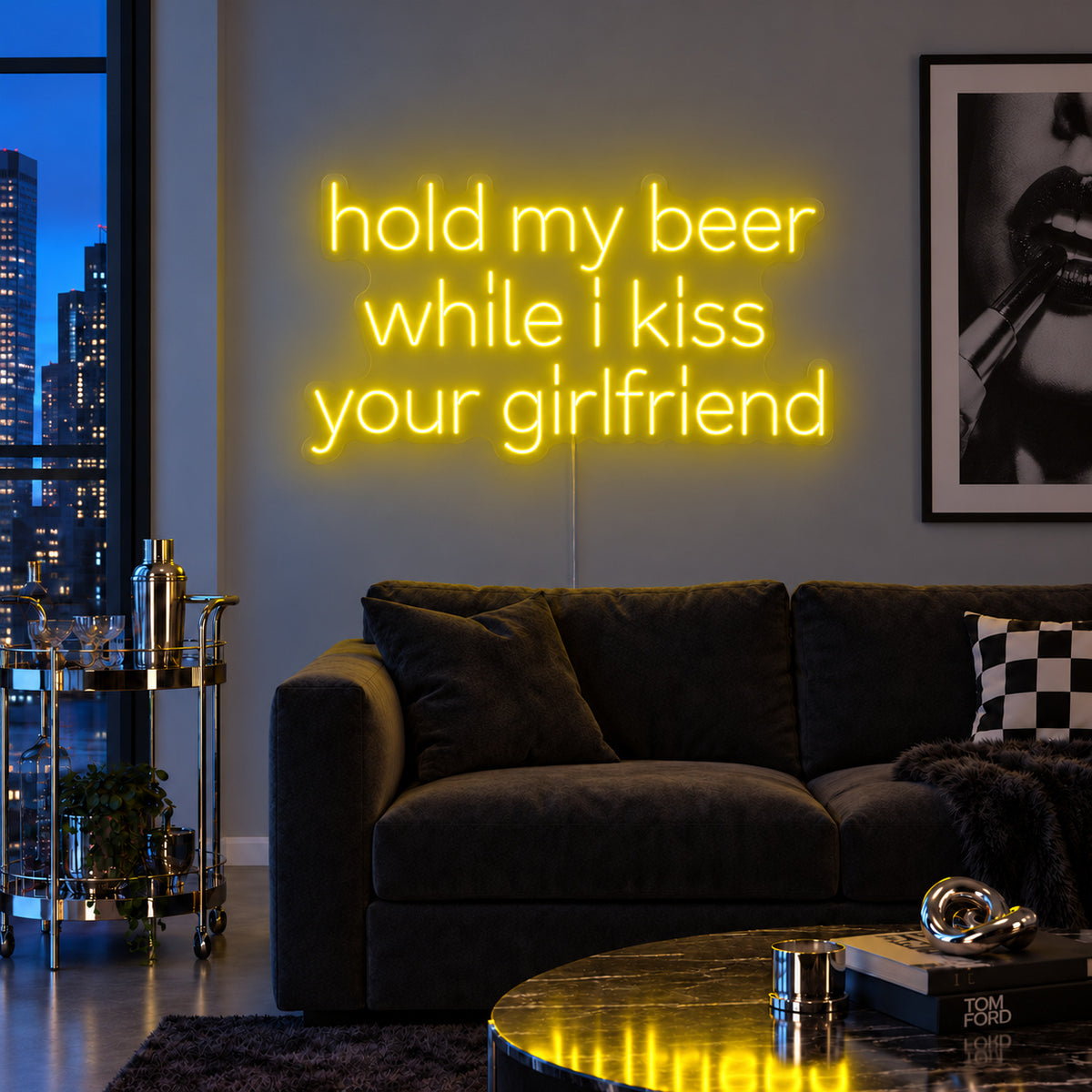 Hold My Beer While I Kiss Your Girlfriend Neon Sign with yellow lighting, displayed above a burgundy sofa.