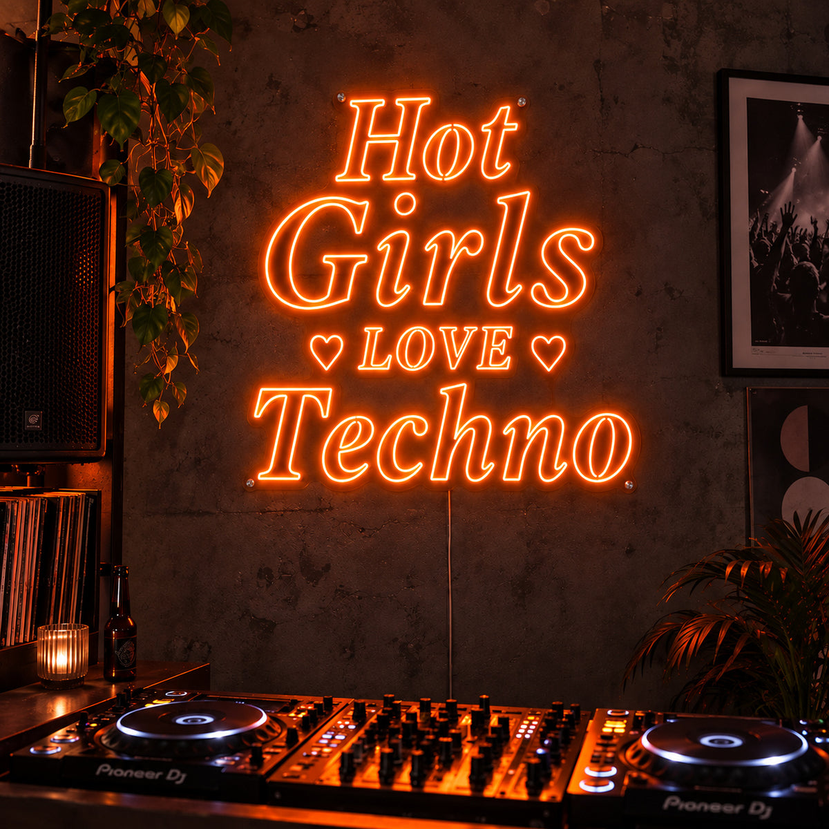 Orange version of the Hot Girls Love Techno Neon Sign, shown with heart details above a DJ setup.