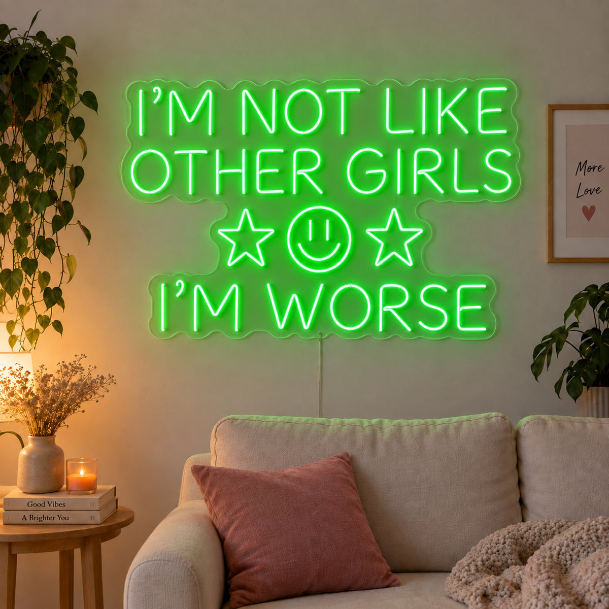 I'm Not Like Other Girls I'm Worse Neon Sign with green lighting, displayed with stars and a smiley face above a cream sofa.