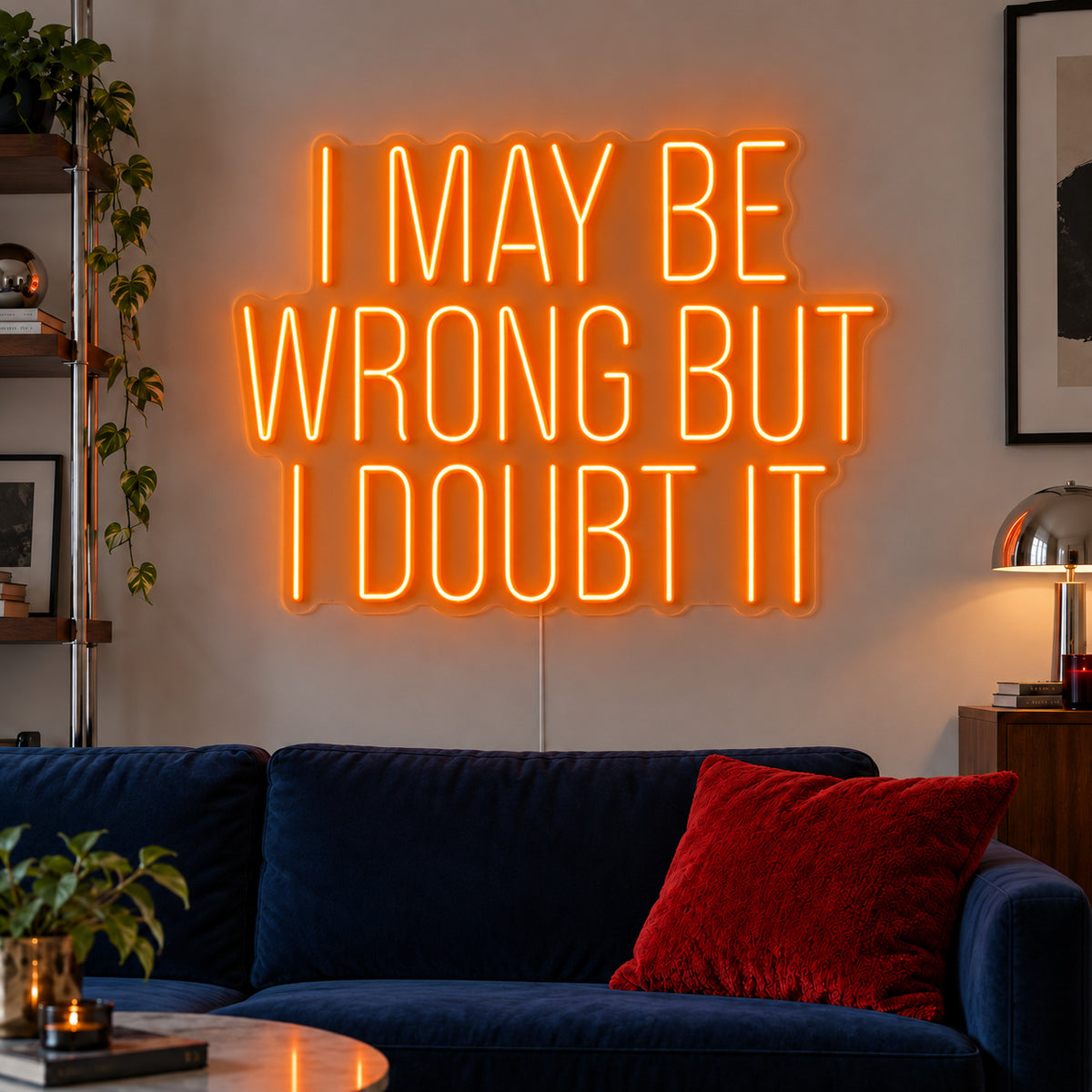 Orange version of the I May Be Wrong But I Doubt It Neon Sign, shown above a dark blue sofa.