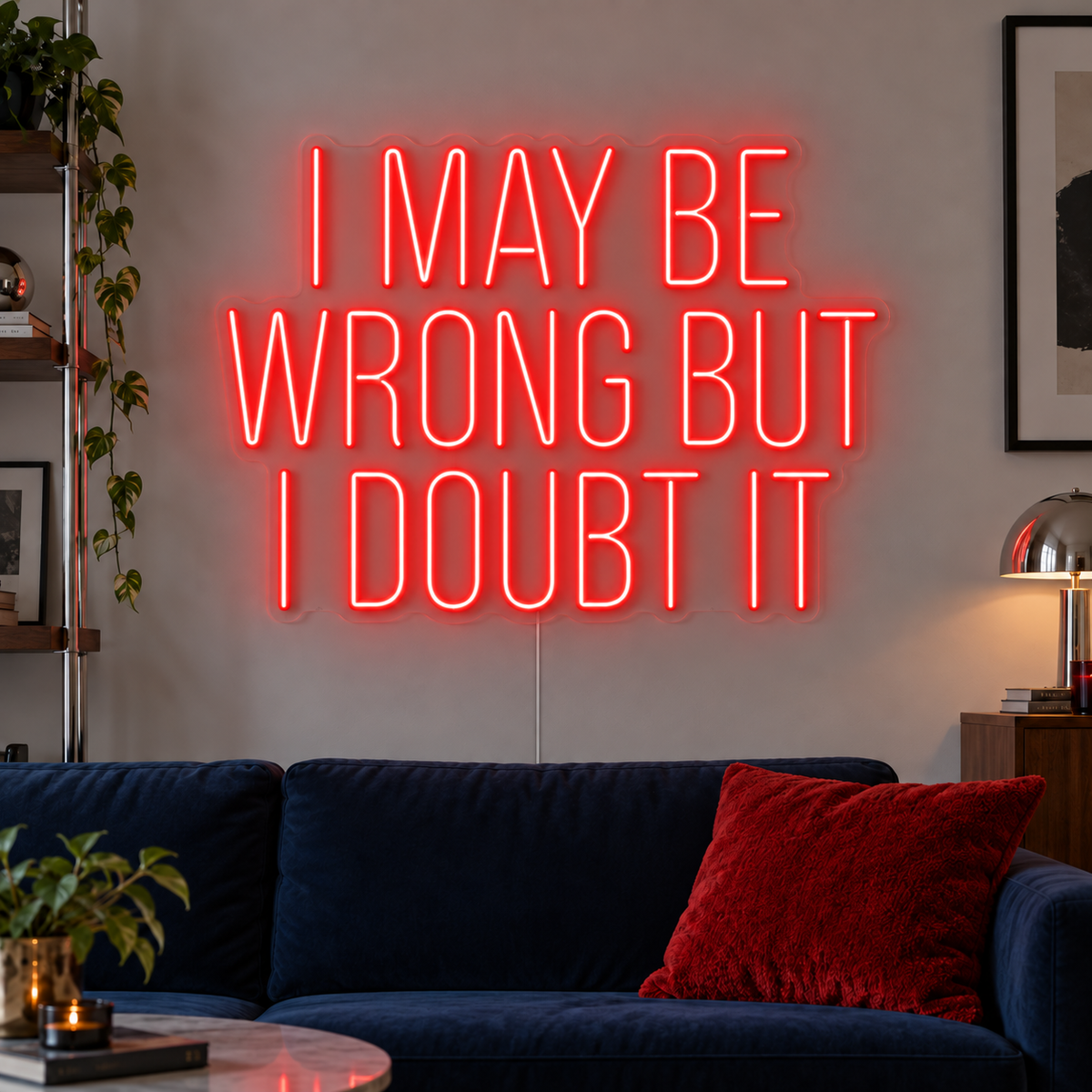 I May Be Wrong But I Doubt It Neon Sign in red above a dark blue sofa.