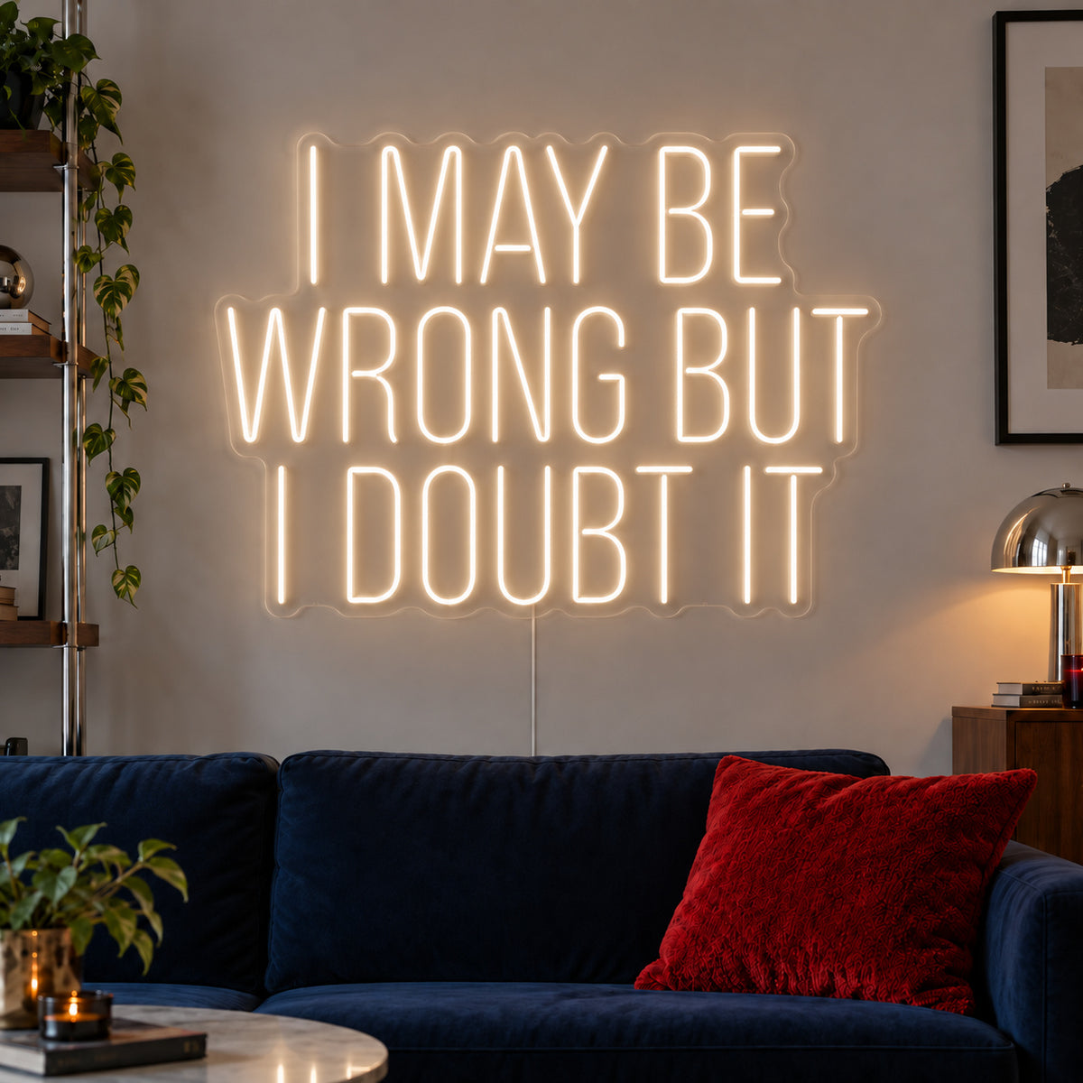 Warm White version of the I May Be Wrong But I Doubt It Neon Sign, shown above a dark blue sofa.