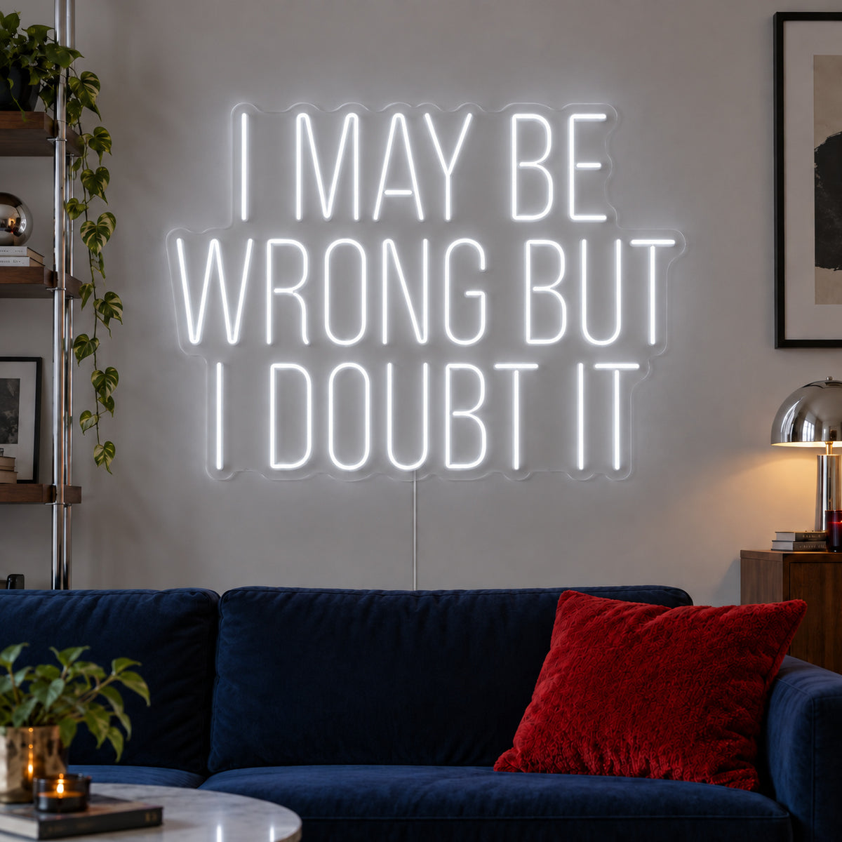 I May Be Wrong But I Doubt It Neon Sign glowing white above a dark blue sofa.